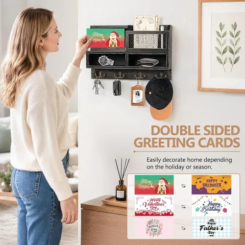 Miniatura 2 de Soporte de pared para llaves, correo de madera y organizador de llaves con pizarra y espejo, 3 tarjetas de felicitación, 8 ganchos, color negro