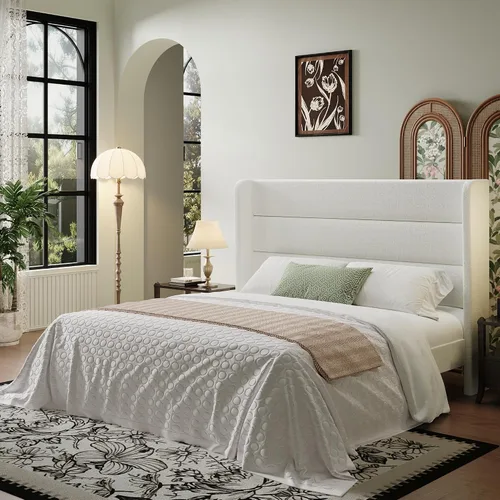 Miniatura 17 de SHA CERLIN - Base de cama tamaño Full con cabecera tapizada en terciopelo y diseño acanalado vertical; plataforma de cama tapizada con listones