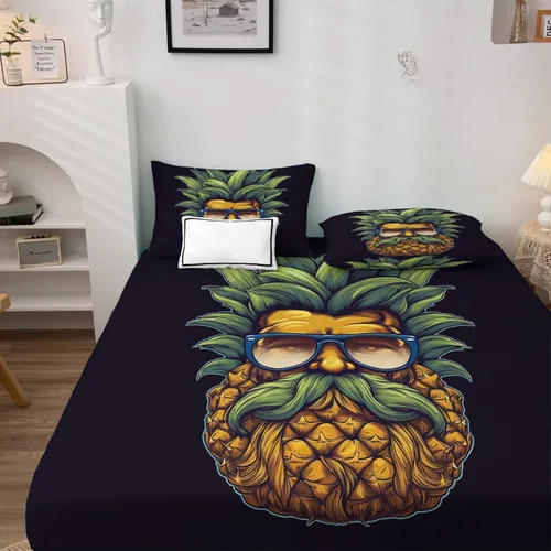 Miniatura 3 de Juego de sábanas de piña tamaño Queen, sábanas de frutas tropicales, sábanas y fundas de almohada estampadas de 4 piezas, sábana bajera ajustable