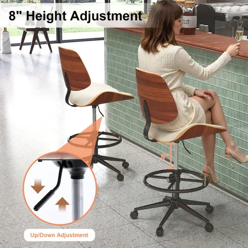 Miniatura 4 de Silla de dibujo, silla de oficina ergonómica con respaldo de madera de nogal, silla de escritorio de piel sintética sin brazos con altura ajustable