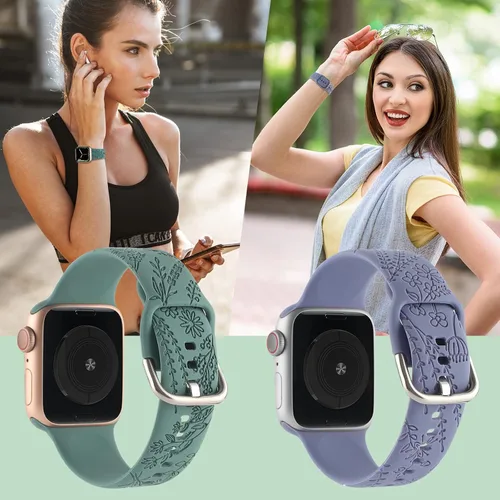 Miniatura 7 de Correa de silicona grabada con flores compatible con correas de Apple Watch de 1.496 pulgadas, 1.575 pulgadas, 1.614 pulgadas, bonita correa