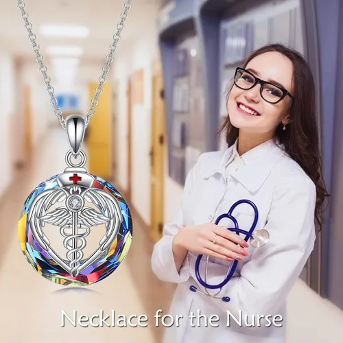 Miniatura 5 de YFN Collar con colgante de plata de ley con temática de ángel caduceo de 17.7in (collar de enfermera) (collar de enfermera)