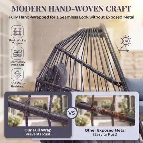 Miniatura 7 de Bulexyard Silla huevo al aire libre sin soporte, 159 kg plegable resistente al clima de ratán colgante con cojín, asiento tipo cesta mecedora Gris