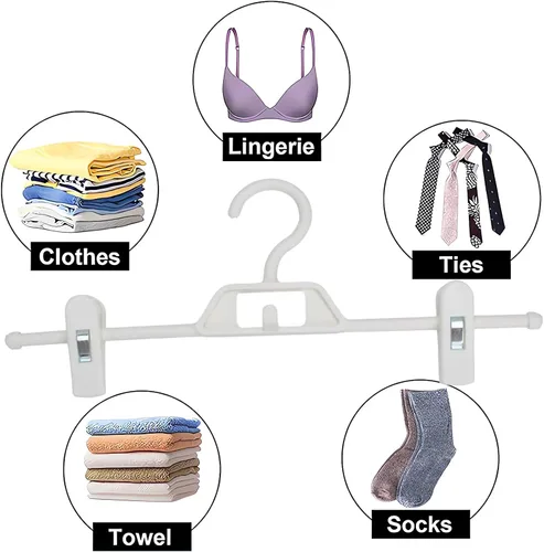 Miniatura 7 de Perchas de plástico para pantalones con clips, 10 perchas para pantalones con clips giratorios y ajustables de 360°, colgador de ropa apilable