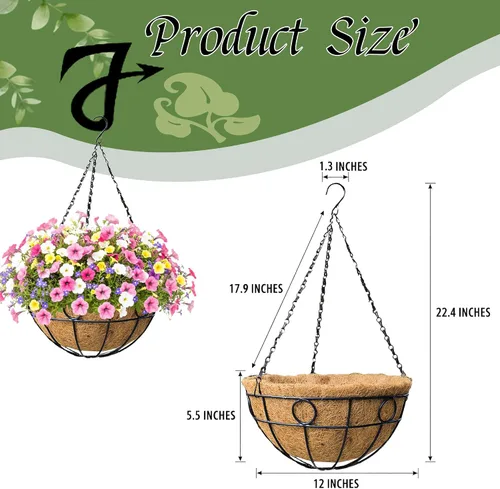 Miniatura 6 de Cesta colgante clásica redonda de alambre, 4 paquetes de 12 pulgadas de profundidad, revestimiento de coco de 12 pulgadas de profundidad, para todo