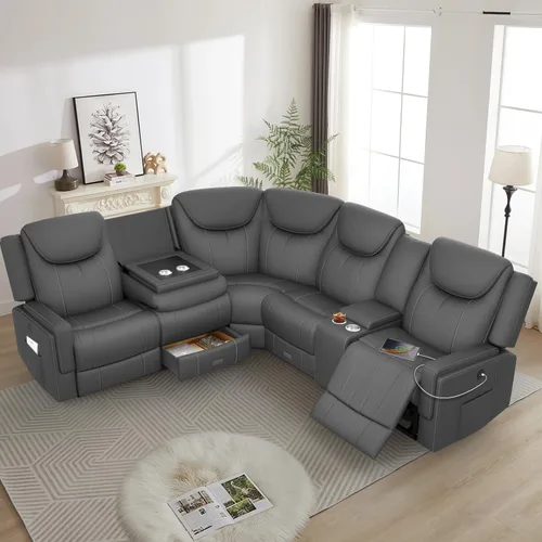 Miniatura 8 de Dresegmt Sofá reclinable, 2 vías multifunción manual de 3 plazas con portavasos, almacenamiento y puertos USB, moderno sofá multifuncional, sofá