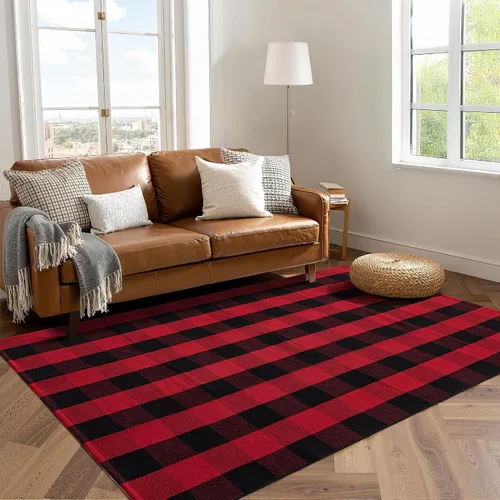 Miniatura 9 de joybest - Alfombra de felpudo tipo búfalo a cuadros de 27.5 x 43 pulgadas en negro y rojo; alfombra de algodón tejida a mano para puerta delantera