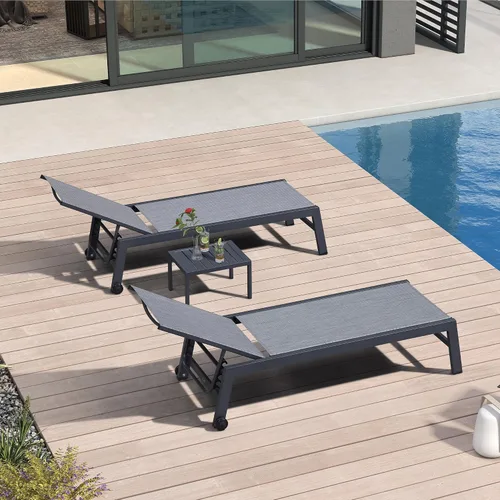 Miniatura 18 de PURPLE LEAF Juego de 2 tumbonas de aluminio para patio al aire libre con ruedas y mesa auxiliar, tumbona de piscina para jardín al aire libre, junto