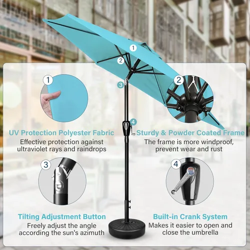 Miniatura 3 de Simple Deluxe - Paraguas de 9 pies para patio al aire libre, mesa de mercado, para jardín con botón de inclinación y manivela Turquesa