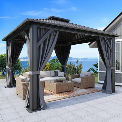 Miniatura 13 de DWVO Gazebo de techo rígido de 10 x 10 pies, techo doble con redes y cortinas, techo de rayas verticales de acero galvanizado resistente para patio