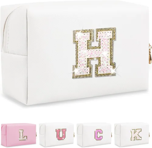 Miniatura 24 de Bolsa de maquillaje con parche de letra inicial personalizada, bolsa de cosméticos de chenilla preppy con letra de chenilla con cremallera, Y