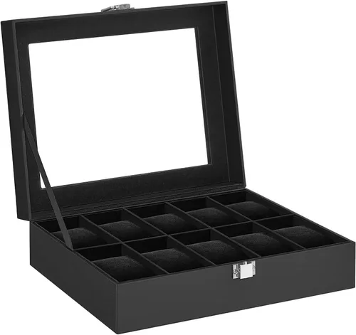 Miniatura 9 de SONGMICS Caja de reloj, caja de reloj de 10 ranuras con tapa de vidrio grande, almohadas extraíbles para reloj, organizador de caja de reloj, regalo
