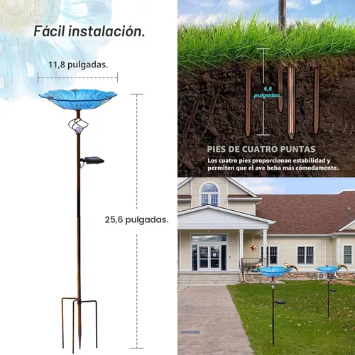 Miniatura 2 de Homight Comedero de aves solar de cristal azul, arte de jardín, baño para pájaros al aire libre con estaca de metal con luz LED blanca, decoración