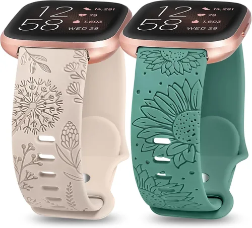 Miniatura 13 de Minyee Paquete de 2 correas con grabado floral compatibles con Fitbit Versa 2/Fitbit Versa/Versa Lite para mujeres, linda correa deportiva de Marrón