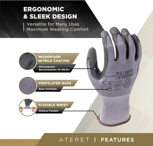 Miniatura 2 de ATERET Guantes de trabajo de seguridad, 12 pares de guantes de punto sin costuras con revestimiento de nitrilo de microespuma, guantes