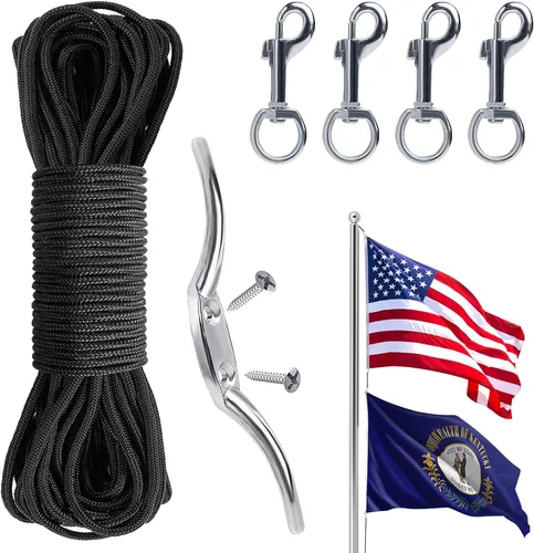 Miniatura 8 de Kit de cuerda y clips de bandera, 50 pies con gancho para tacos y 4 clips giratorios a presión para asta de bandera de hasta 25 pies, accesorios
