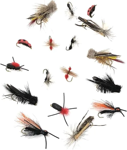 Feeder Creek Surtido de moscas terrestres de 16 piezas, 8 patrones en 2 tamaños, incluye tolva, hormigas, escarabajos, grillo, cigarra y mariquita