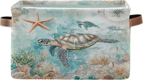 Miniatura 9 de Cesta de almacenamiento temática náutica de tortuga marina, cesta de tela, contenedor de almacenamiento, organizador de cajas plegables de estrellas