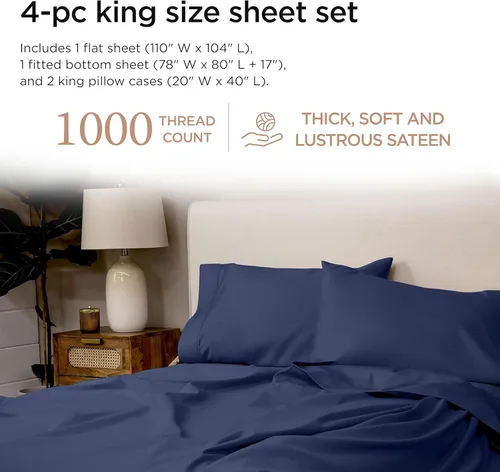 Miniatura 2 de Threadmill American Supima - Sábanas de algodón tamaño King, 1000 hilos, 4 piezas de sábanas de lujo para colchón King, sábanas de calidad de hotel