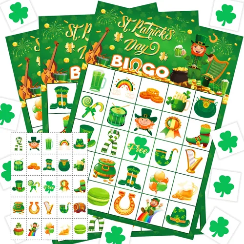JGCWorker Juego de Bingo del Día de San Patricio - Divertidos Suministros de Fiesta para Niños y Adultos, 24 Jugadores, Tarjetas de Manualidades