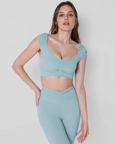 Miniatura 44 de ODODOS Camiseta corta sin mangas con cuello en V y frente fruncido para mujer, recortada en la espalda, manga casquillo