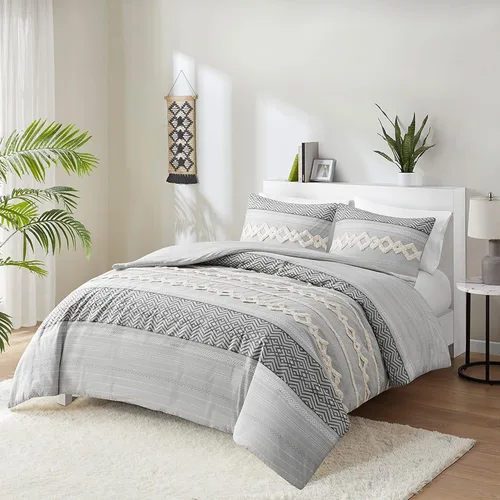 Miniatura 11 de Hyde Lane Juego de edredón bohemio tamaño Queen, ropa de cama moderna tamaño Full estilo casa de campo, parte superior de algodón con rayas jacquard
