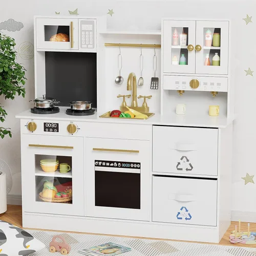 MAMIZO Cocina de juego para niños, cocina de juguete de simulación de madera, juego de cocina Toodler, estufa con luz y sonido, fregadero, Blanco