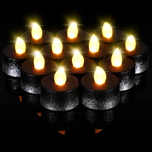 Miniatura 9 de Retisee 48 velas LED sin llama, velas falsas eléctricas con purpurina dorada y negra para centros de mesa, funciona con pilas, decoraciones