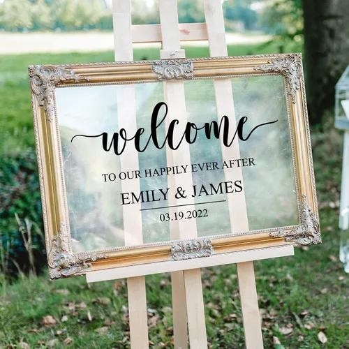 Calcomanía artística de vinilo – Bienvenido a Our Happily Ever After – 17 x 30 pulgadas – Bonita y elegante felicitación de boda, novia, novio,
