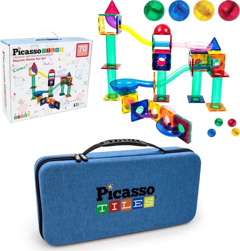 PicassoTiles Paquete de 70 pistas de carreras de mármol + estuche de transporte: juego educativo STEAM para niños, incluye organizador de