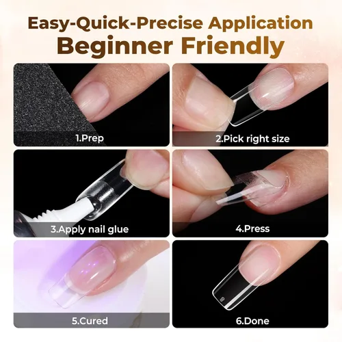 Miniatura 9 de UNA GELLA Uñas postizas cuadradas, 504 puntas de uñas de gel transparentes a presión, preforma para uñas cuadradas de cobertura completa, uñas