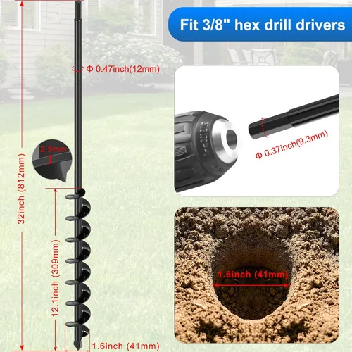 Miniatura 5 de Broca de taladro de jardín para plantar 1.6 x 32 pulgadas, broca negra para excavadora de agujeros, taladro de suelo para plantar bulbos, flores