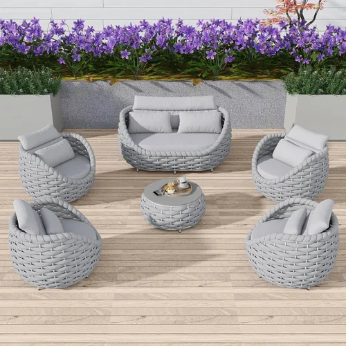 Miniatura 31 de TWT 3-Piece Woven Rope Patio Furniture Set, 2 Outdoor Armchairs with Soft Cushions + Round Aluminum Coffee Table, All-Weather Conversation Set for