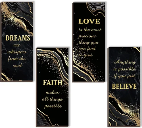 ONIZHITY 4 piezas de decoración de baño en negro y dorado, decoración de pared dorada con Dreams Faith Love Believe, de madera rústica estilo