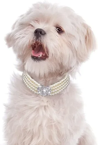 Miniatura 2 de Collar para mascotas con cuatro filas de perlas y lunares, collar de diamantes ajustable en forma de corazón para gatos y perros, joyería decorativa