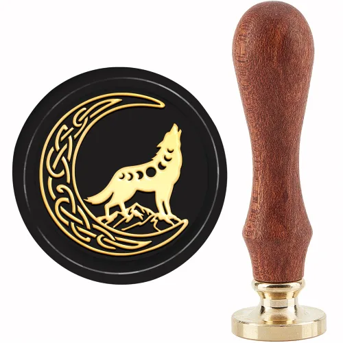 CRASPIRE Sello de cera de fase lunar, sello de cera de lobo con nudo celta de 1.181 in, cabeza de latón extraíble retro vintage con mango de madera