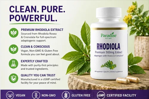 Miniatura 2 de Paradise Herbs Extracto de Rhodiola 500 mg, antioxidante súper potente, ultra puro, vegano, sin OMG, sin gluten, 60 cápsulas vegetarianas