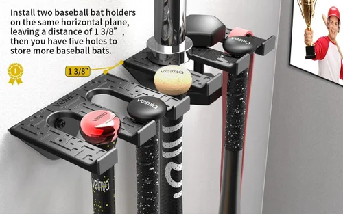 Miniatura 4 de veimia Soporte de pared para bates de béisbol, estante de almacenamiento para bates de béisbol, capacidad para 4 murciélagos en pared de madera