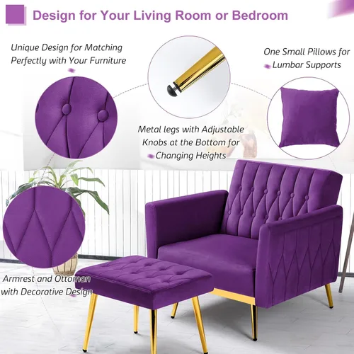 Miniatura 6 de Silla de terciopelo Accent con apoyabrazos y respaldo ajustables, sillón de ocio con botones acolchados, sillón reclinable individual con otomano