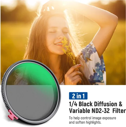 Miniatura 2 de NEEWER - Filtro ND variable 2 en 1 de 2.165 in + difusión negra 1/4 para efecto cinematográfico de niebla, filtro de efecto ND2-32 de densidad