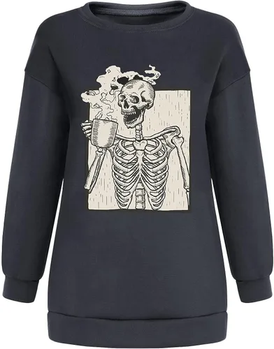 Miniatura 4 de Meladyan - Sudadera de forro polar con estampado de calavera de Halloween de gran tamaño, cuello redondo, manga larga, hombros caídos