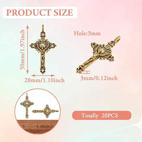 Miniatura 2 de Pandahall - 20 dijes colgantes de cruz de crucifijo estilo tibetano para rosario, cuentas sagradas, collares, joyería, oro antiguo, 1.969 x 1.102 x