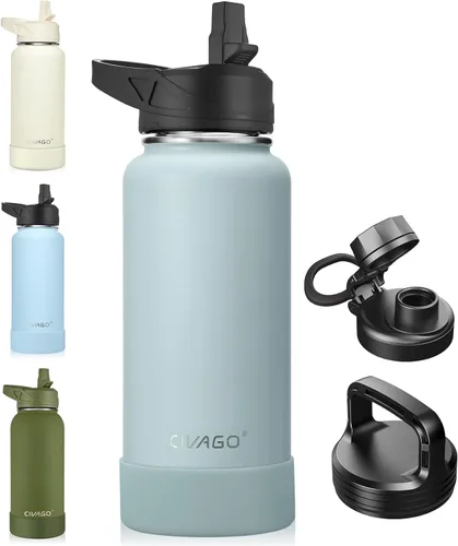 Miniatura 16 de CIVAGO Botella de agua aislada de 22 onzas con pajita, frasco de agua deportiva de acero inoxidable con 3 tapas