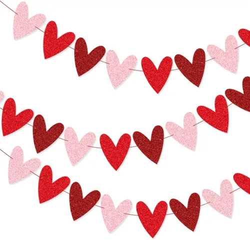 Miniatura 3 de XIANMU Paquete de 2 guirnaldas de corazón con purpurina para decoración del día de San Valentín, diseño romántico de corazón para aniversario, boda