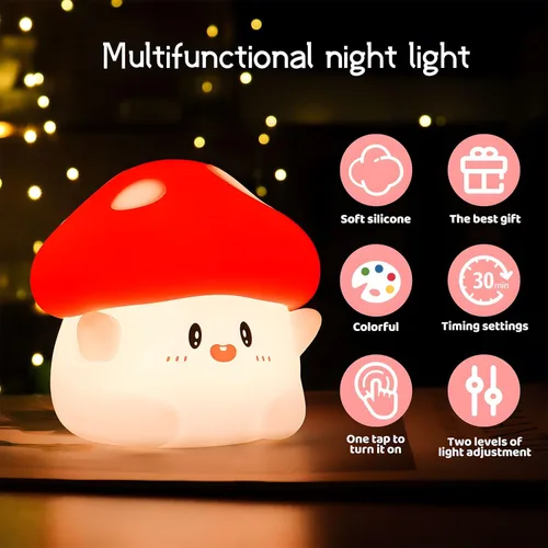 Miniatura 2 de Luz nocturna de hongos que cambia de color para niños, bonita lámpara de hongo de silicona blando, luz de noche recargable de 50 horas con control