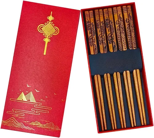 Miniatura 8 de Palillos reutilizables de estilo chino, palillos de dragón y fénix con soporte y bolsa de transporte, juego de palillos de madera natural (2 pares)