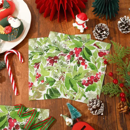 Miniatura 3 de Servilleta de papel de Navidad de 6.5 x 6.5 pulgadas, para acuarela, muérdago, cena, servilleta desechable para Navidad, suministros de decoración