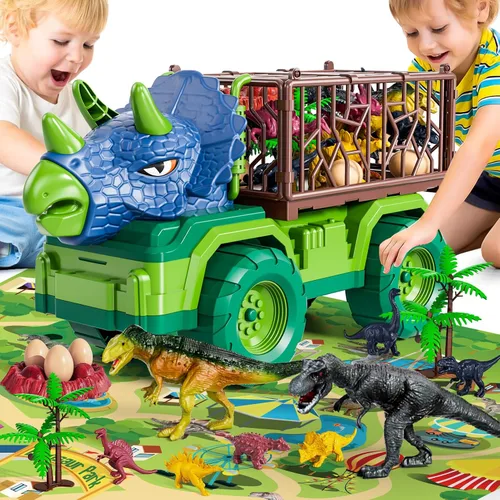 Miniatura 2 de Juguetes de dinosaurio para niños de 3 a 5 años, juego de camión de transporte de dinosaurios con 8 figuras de dinosaurio y tapete de juego, regalo