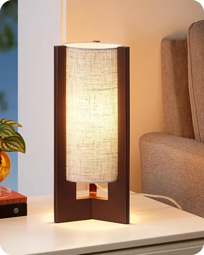 Miniatura 9 de EDISHINE Lámpara de mesa pequeña de madera, lámpara de noche moderna de 13.5 pulgadas, pantalla de lino beige, lámpara cilíndrica de madera natural