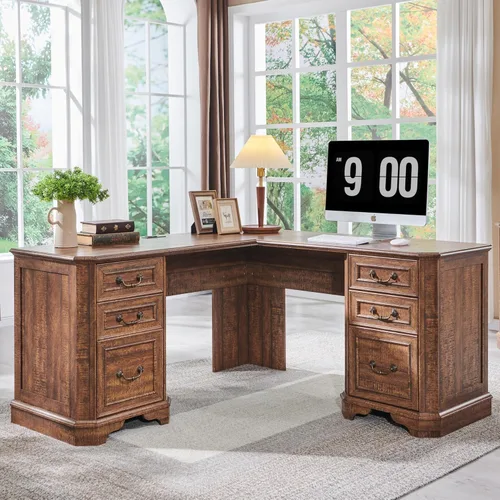 Miniatura 10 de T4TREAM - Escritorio ejecutivo en forma de L de 59 pulgadas con cajones, escritorio de computadora de madera estilo granja, con estación de carga
